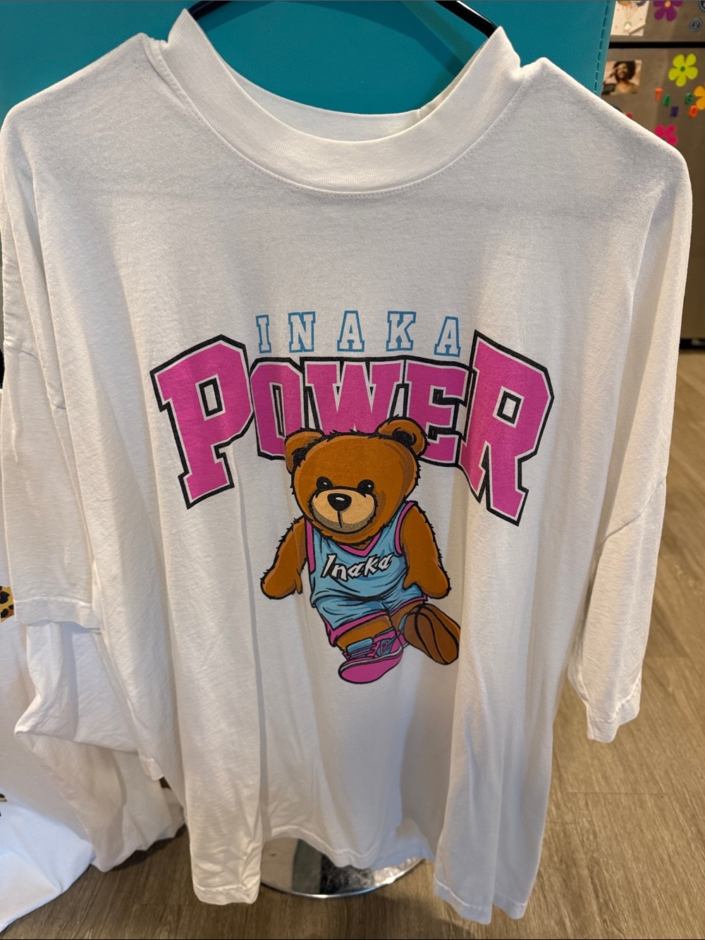 Inaka Power White Tee with Pink POWER Bear Graphic